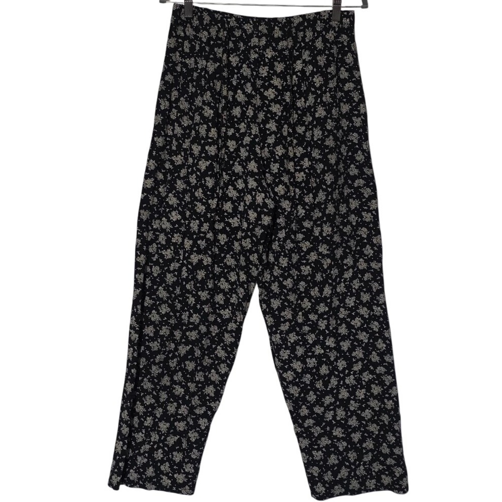 Vintage Blue- Pants Womens L 90s Rayon‎ Floral Elastic Waist Wide Leg Boho Black
